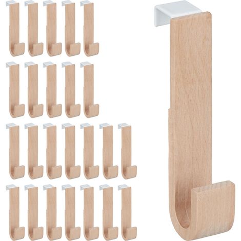 Ganchos Puerta Set 25 Madera y Hierro, Chaquetas, Toallas, Colgadores Pasillo, 13x2,5x6 cm, Blanco y Natural (1/5)