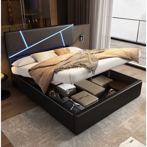 Cama con espacio de almacenamiento PU negra 140x200 cm con LED, somier de láminas y cabecero (1/5)