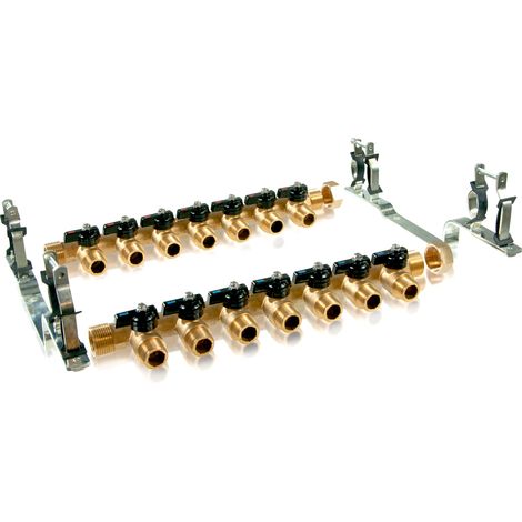 Arcanaute – Kit collecteur pour plancher chauffant 7 circuits – 2 collecteurs mâle 20/27 – 2 bouchons laiton à visser – Mini-vannes monobloc 1/2"