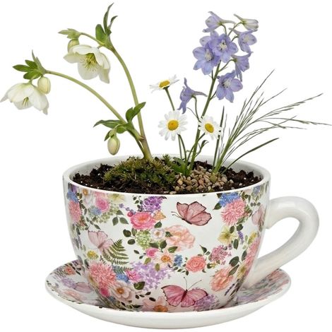 Vase ou pot de fleurs en forme de tasse fleurs et papillons 23 x 25 cm