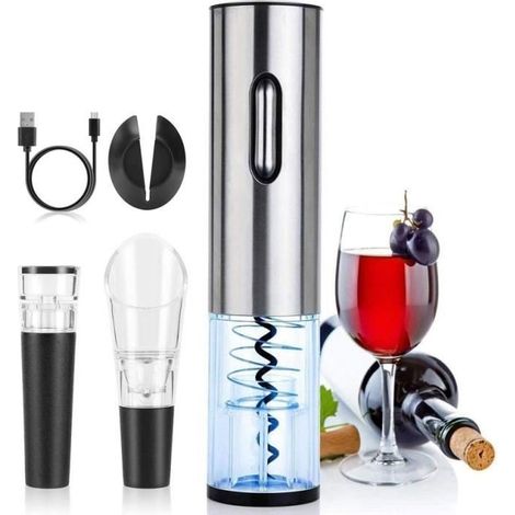(Argenté)Tire Bouchon Électrique, Ouvre Bouteille Électrique Rechargeable, pour Vin Champagne, Cadeau Homme et pour Amateurs de Vin (1/4)