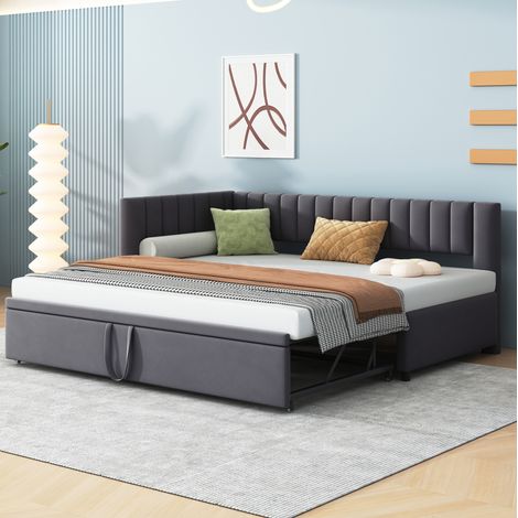 Divano letto imbottito in velluto grigio 90x200 cm con letto estraibile e rete a doghe (1/5)