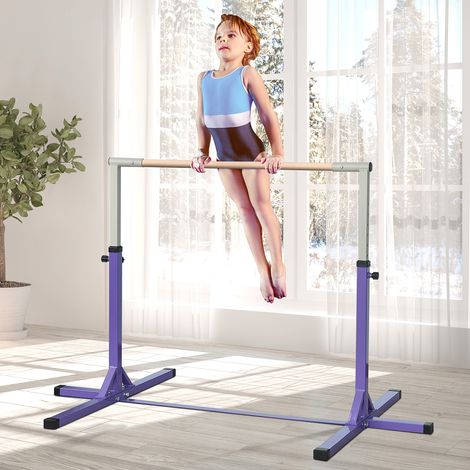 Barre de gym pour enfants de 3 ans et plus avec hauteur réglable, en acier et bois Massel de hêtre, violet (1/5)