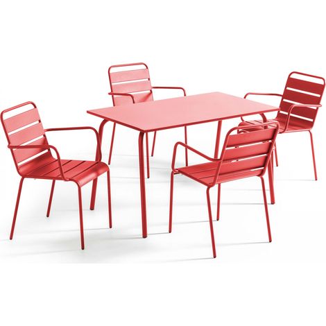 Ensemble table de jardin et 4 fauteuils en métal rouge - Palavas (1/5)