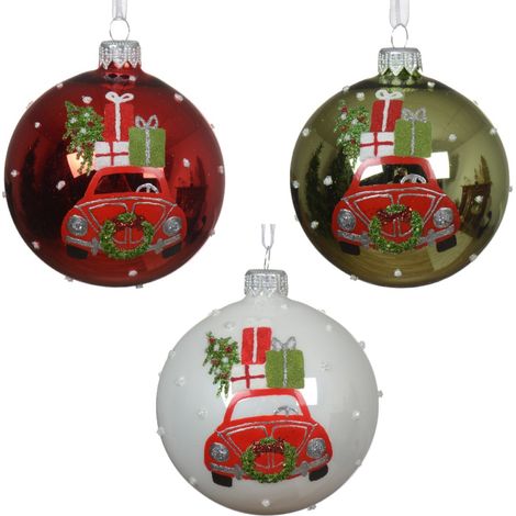 Palline per albero di Natale in vetro decorate verde, rosso e bianco con auto, 6 pezzi