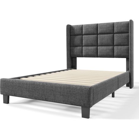 Cama individual tapizada de lino gris 90 x 200 cm con somier de láminas, sin colchón (1/5)