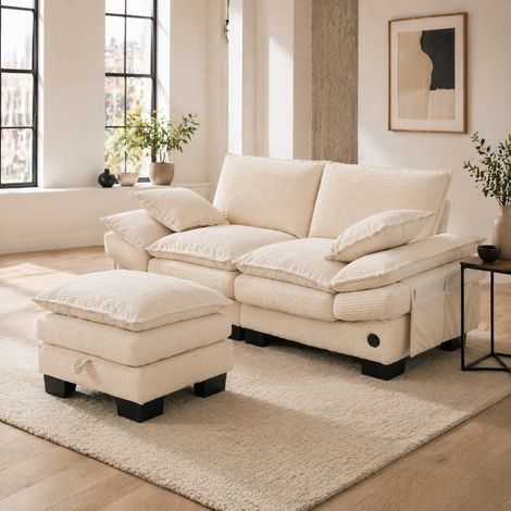 Canapé 2 places en velours côtelé beige avec pouf coffre, USB-C et poches latérales, 190x132x84 cm (1/5)