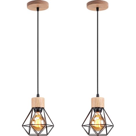 (2PCS)Suspension Luminaire Rétro Lampe À Suspension Vintage Noir, Plafonnier D'Intérieur Moderne En Métal Et En Bois (1/5)