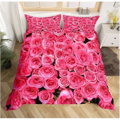Rose Parure de Lit 200x200cm Rose Rose Floral Imprimé Ensembles de Housse de Couette pour Enfants Motif Fleur Housse de Couette (1/4)