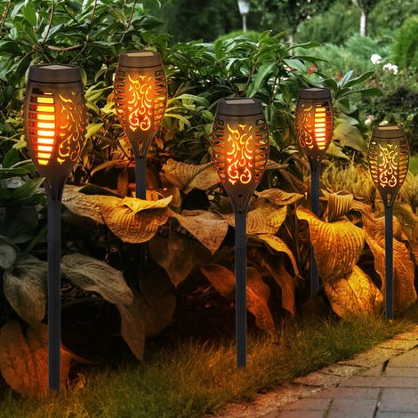 Lot de 5 lampes solaires pour jardin, torche solaire d'extérieur, flamme extérieure, torche solaire, lampe torche d'extérieur, 12 LED (1/4)