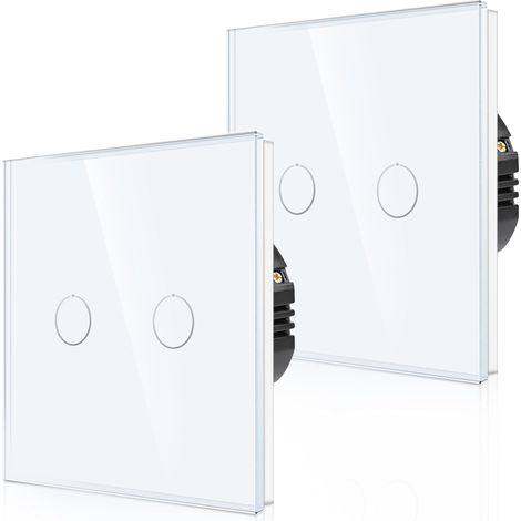 Lot de 2 interrupteurs tactiles va-et-vient encastrés en blanc - Double interrupteur d'éclairage avec LED d'état et panneau en verre - Interrupteur mural à 2 voies - Paire uniquement avec (1/5)