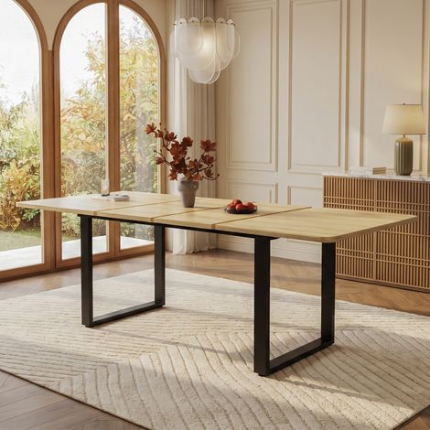 Table à manger rectangulaire extensible 140/180/220x80x75 cm,3 longueurs, 6-10 personnes, pieds métal, design moderne, MDF, naturel (1/5)