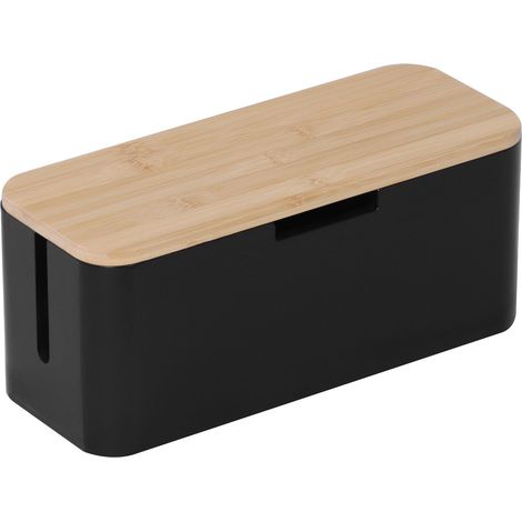 Relaxdays scatola porta cavi per ciabatta, bambù, coperchio AxLxP 14,5x34x11cm, nasconde cavi, naturale/nero