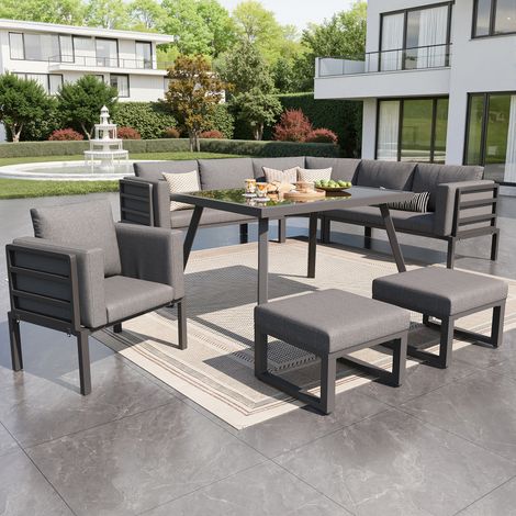 Salon de Jardin 8 Places - 3 Canapés + 1 Fauteuil + 2 Tabourets + Table Verre Trempé 100x60x71 cm - Coussins 8 cm - Structure Acier Galvanisé - Gris (1/5)