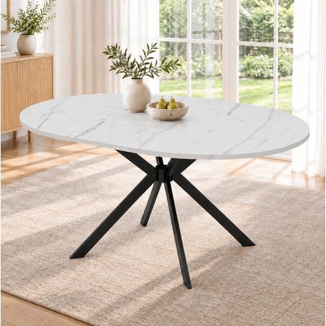 MODFU – Table extensible 100-140x100x75 cm MDF/métal – Plateau rond à ovale et rallonge intégrée – 4 à 6 personnes et charge 60 kg – Cuisine – Blanc (1/5)