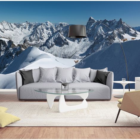 Papier peint XXL intissé 270 cm X 250 cm - Effet trompe l'oeil vue sur montagne enneigée - Décor panoramique crête montagne. (1/5)
