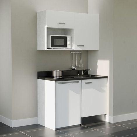 Kitchenette K07L - 120 cm - plan monobloc évier intégré Nero- évier à droite - Façades Blanc + Electroménager inclus coloris Blanc (1/5)