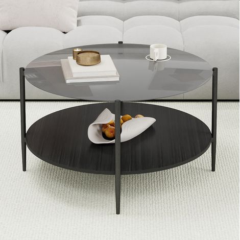 Tavolino da salotto rotondo nero in vetro temperato e legno, 82 x 82 x 45 cm, OKWISH (1/5)