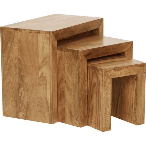 3er Set Satztisch Massiv-Holz Akazie Wohnzimmer-Tisch Landhaus-Stil Beistelltisch dunkel-braun Naturholz B/H/T ca. 45/50/30cm (1/5)