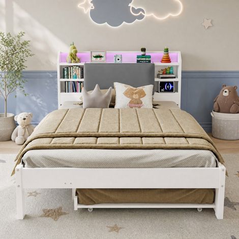Letto in legno 120x200 cm con letto estraibile 90x190 cm, testiera imbottita, bianco, OKWISH (1/5)