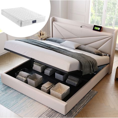 DESVIAE Lit double avec rangement et tête de lit géométrique ports USB et USB C beige 140x200 avec sommier et matelas ressorts ensachés (1/4)