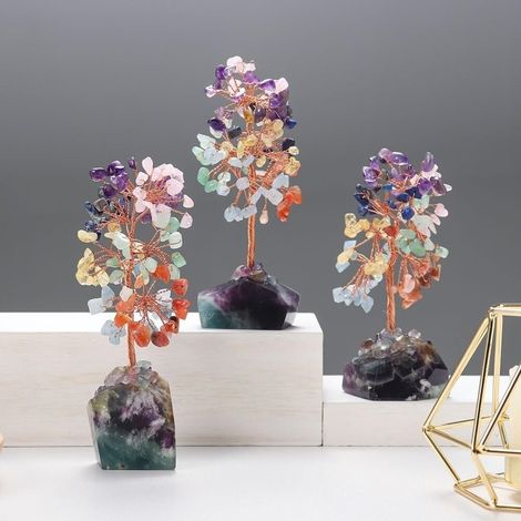Arbres en Cristal Naturel, graviers de Quartz Rose, Fil de cuivre enveloppé de Plumes, Base en Fluorite, décoration d'arbre for la Maison, Cadeau Collections de la Maison (1/5)