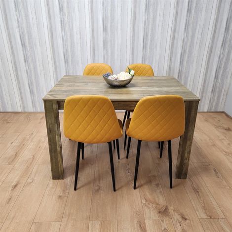 Dining Table and 4 Chairs Rustic Effect Table with 4 Mustard Gem Patterned Chairs (1/5)