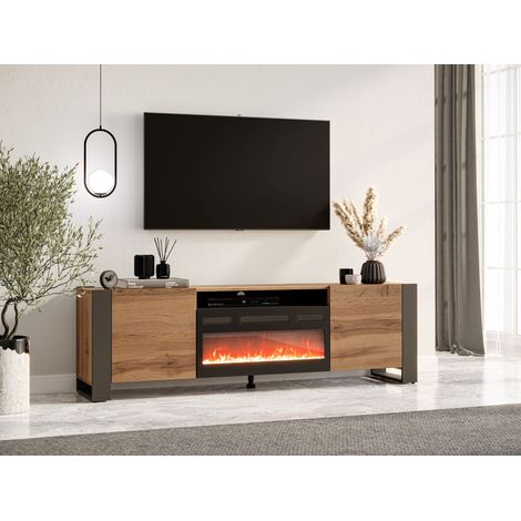 Mobile porta TV soggiorno con caminetto elettrico WOOD cm 196x40x60h Rovere