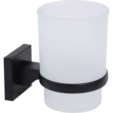 Bicchiere porta spazzolino da muro in acciaio nero e vetro satinato fissaggio con viti o senza viti biadesivo accessori arredo bagno (1/2)