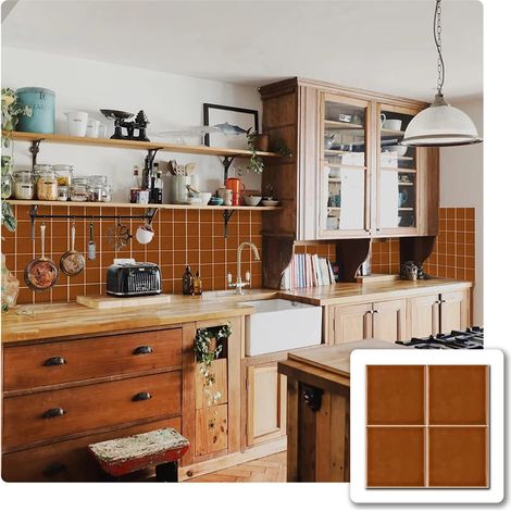 Lot de 10 autocollants muraux de transfert en vinyle épais, imperméables - Pour cuisine et salle de bain - Effet mosaïque, Orange, 15 x15 cm (1/5)