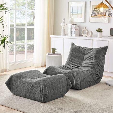 Fauteuil relax gris en tissu Teddy avec repose-pieds, fauteuil de sol confortable avec dossier, canapé lounge individuel en mousse haute résilience pour salon, chambre ou bureau (1/5)
