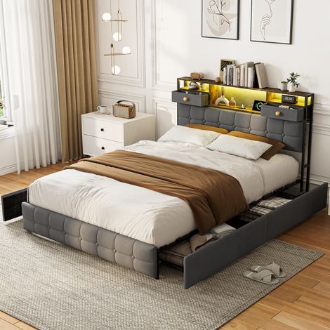 lit 140x200 avec rangement, Sommier à Lattes, avec port USB et LED, Lit Capitonné, Lit Capitonné, Chambre moderne, velours, Gris