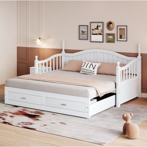 Letto divano estraibile classico 90x190/180x190 cm in legno bianco con testiera sagomata, 2 cassetti e rete a doghe (1/5)