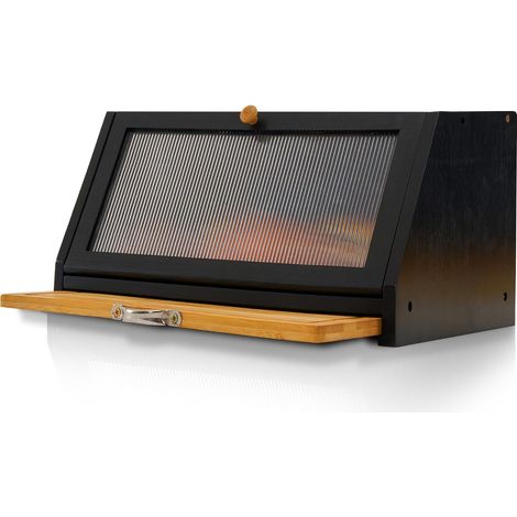 Boîte à pain en bois avec planche à découper, Boîte de rangement en bambou pour pain, sel et poivre - 39 x 25 x 20 cm (L x l x H) - Noir (1/5)
