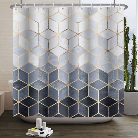 Rideau de douche hexagonal en marbre noir et bleu – Rideau de douche géométrique en nid d'abeille avec bordure dorée – Imperméable – Rideaux d'art moderne abstrait pour salle de bain – 150x 180 cm (1/5)