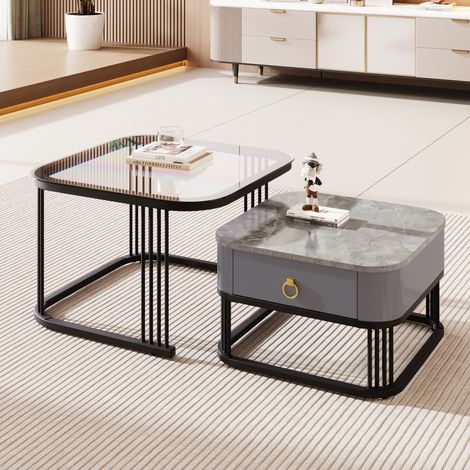 AS EASY Table basse empilable : plateau en verre et aspect marbre brillant, pieds noirs, table d'appoint avec tiroirs (lot de 2). (1/5)