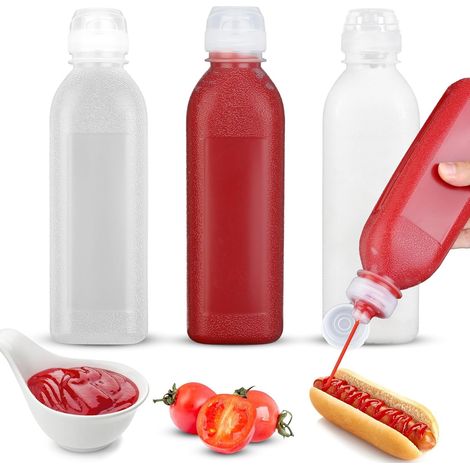 Bottiglie per salse da 3 pezzi, bottiglie per condimenti da 300 ml, bottiglie per condimenti in plastica, bottiglie comprimibili, per senape, ketchup, maionese, olio d'oliva (1/5)