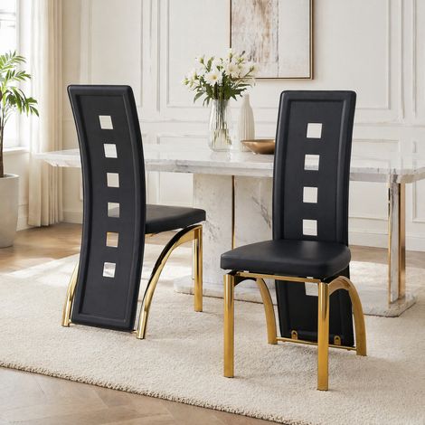 Chaises de salle à manger lot de 2, dossier ajouré, PU noir et pieds métalliques dorés HAVRYA (1/5)