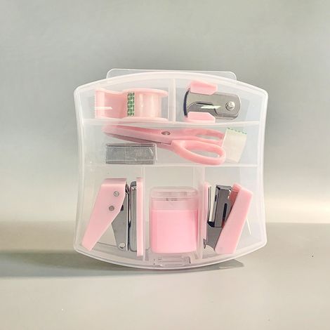 Set de bureau de fournitures de bureau 8-en-1 avec perforateur, agrafeuse, distributeur de ruban adhésif, ciseaux et plus, pour étudiants et cadeaux de bureau, ensemble rose (1/5)