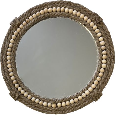 Miroir rond en jute tressée et perles de bois 30 cm (1/2)