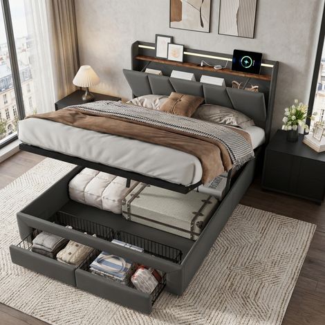Lit coffre 160x200 cm avec rangement, lit 2 personnes avec 2 tiroirs, LED et USB, tête de lits capitonné avec rangement caché et étagères ouvertes, cadre de lits pour adultes et adolescents, gris (1/5)