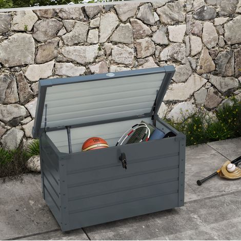 Caja de almacenamiento de jardín 100x62x65 cm gris oscuro en acero con ruedas y cierre (1/5)