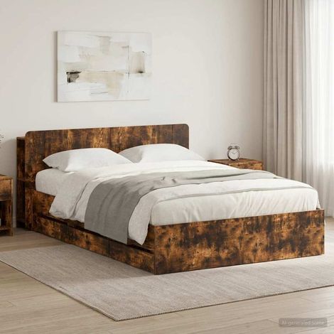 vidaXL Estructura de cama con almacenamiento y cabecero Roble Ahumado (1/5)