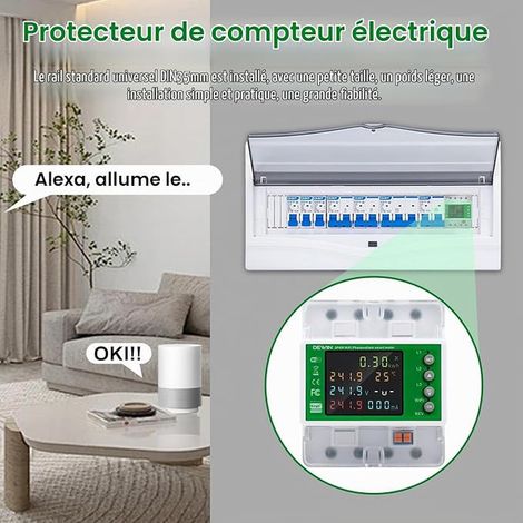 Compteur électrique 3 Phases, Compteur de Courant Triphasé Rail DIN Smart Meter Compteur électrique avec Protection Contre Les Surtensions et Protection Contre Les sous-tensions 100A (1/2)