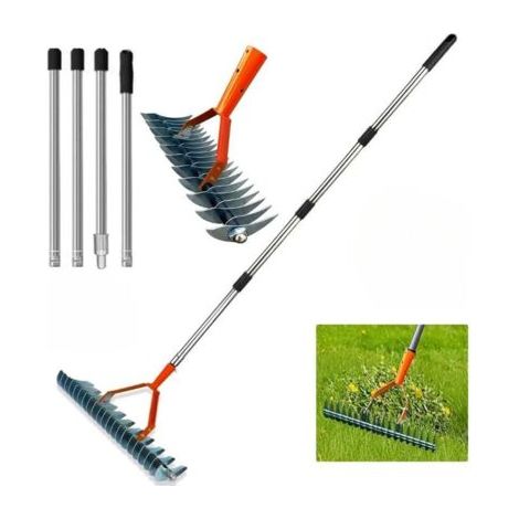 Râteau scarificateur gazon à main – Manche en caoutchouc pour confort – Dents double face en acier au carbone – Outil de jardinage polyvalent