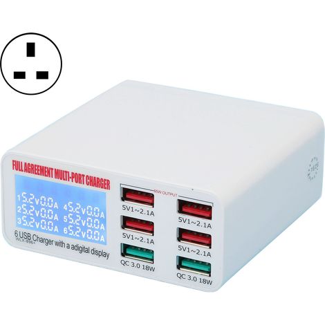 QC3.0 6-Port-USB-Wandladegerät – Schnellladeadapter mit LED-Anzeige – 100–240 V, UK-Stecker