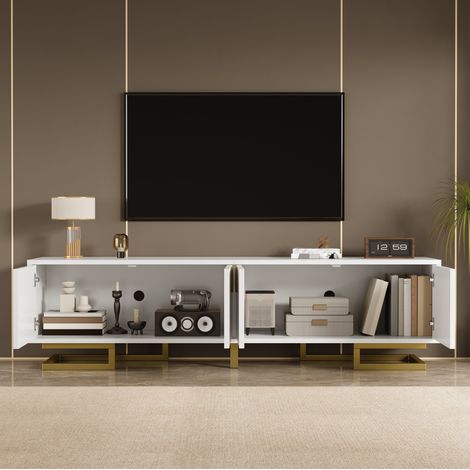 Mobile TV 160x38x44.5 cm bianco in pannello truciolare con 4 ante, ripiani interni, gambe e maniglie dorate (1/5)