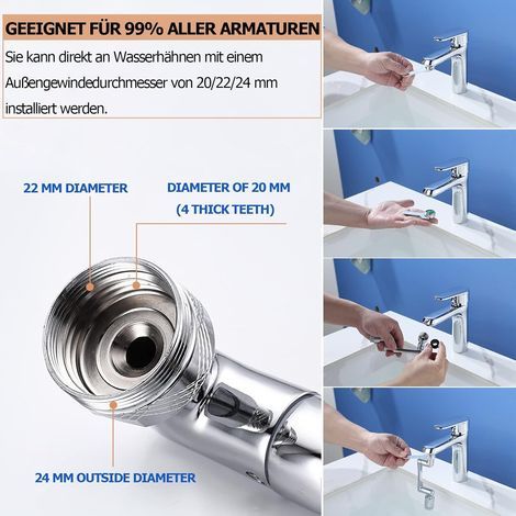 Schwenkbarer Belüfter mit 1440°-Drehwinkel, feststehender und drehbarer Belüfter mit 2 Sprühfunktionen sowie multifunktionaler drehbarer Küchenbelüfter, geeignet für 20 mm, 22 mm und 24 mm Außengewind (1/5)