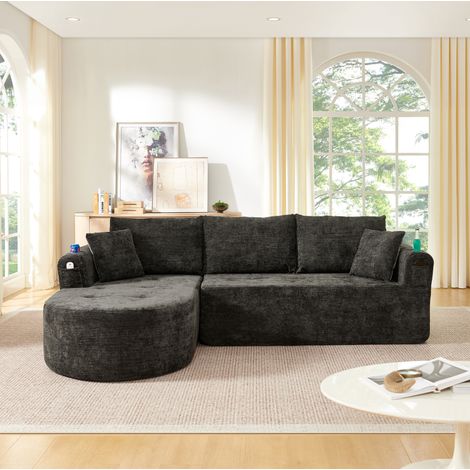 Canapé d'angle modulable en L noir avec porte-gobelet en acier inoxydable et poches de rangement (1/5)