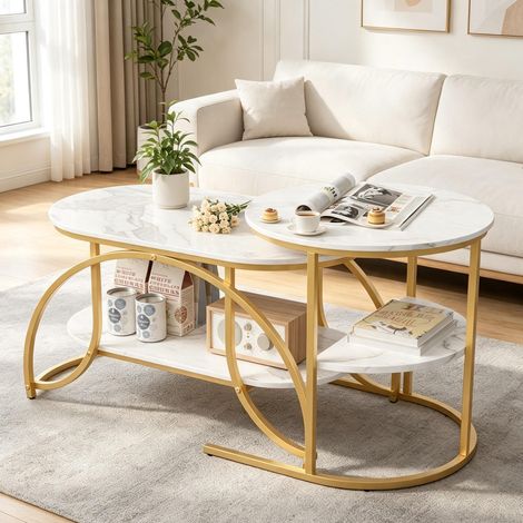Table basse marbre blanc - Lot de 2 tables basses gigognes – Imbricables pour gain de place– design moderne (1/5)